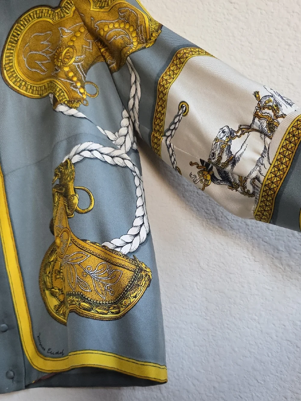 VTG Hermes 100% Silk Button-Up Blouse Equestrian Print Gray Yellow Authentic, 44 - Picture 3 of 15